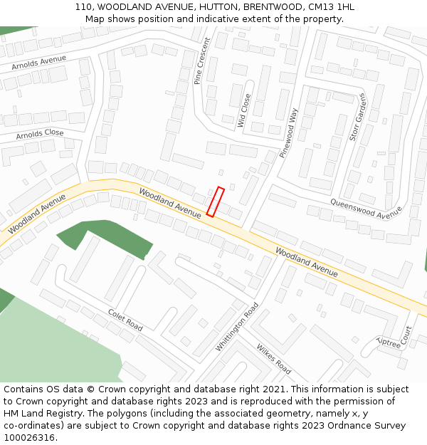 110, WOODLAND AVENUE, HUTTON, BRENTWOOD, CM13 1HL: Location map and indicative extent of plot