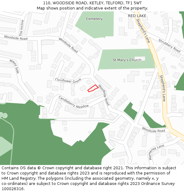 110, WOODSIDE ROAD, KETLEY, TELFORD, TF1 5WT: Location map and indicative extent of plot