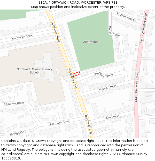 110A, NORTHWICK ROAD, WORCESTER, WR3 7EE: Location map and indicative extent of plot