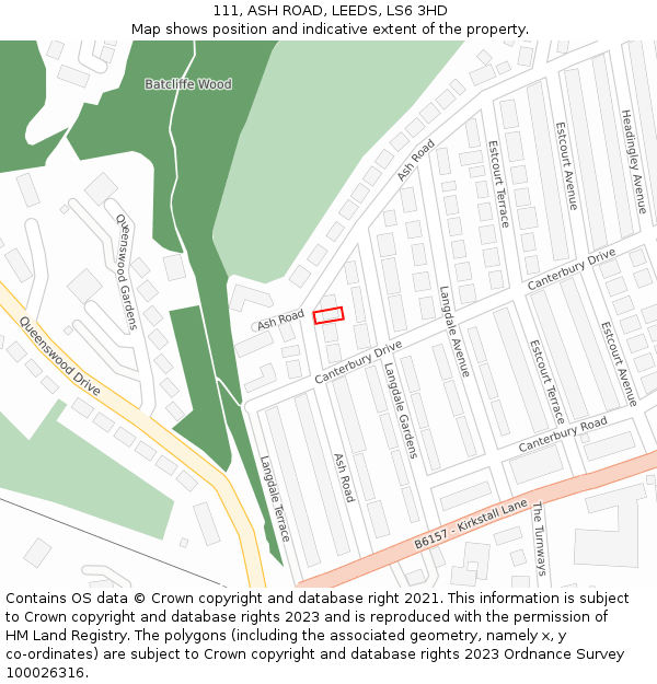 111, ASH ROAD, LEEDS, LS6 3HD: Location map and indicative extent of plot