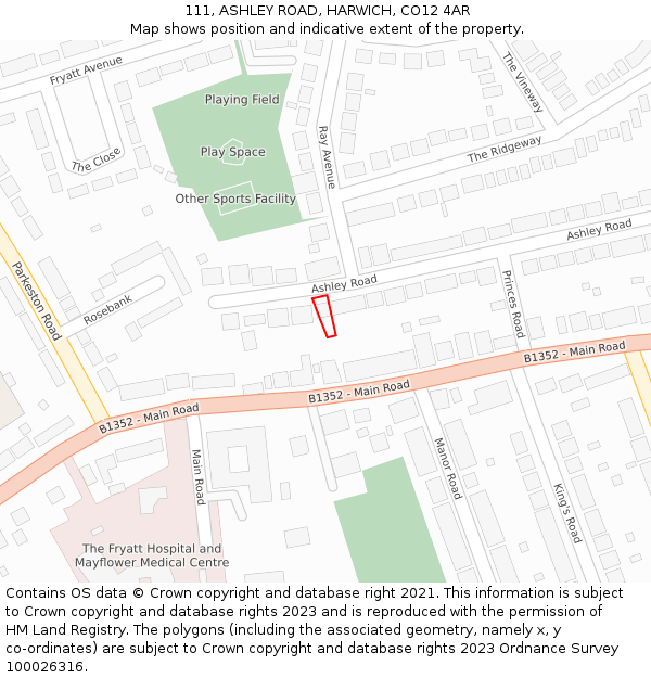 111, ASHLEY ROAD, HARWICH, CO12 4AR: Location map and indicative extent of plot