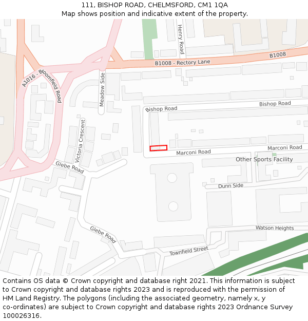 111, BISHOP ROAD, CHELMSFORD, CM1 1QA: Location map and indicative extent of plot