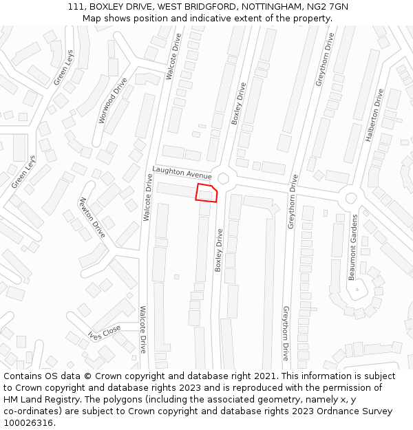 111, BOXLEY DRIVE, WEST BRIDGFORD, NOTTINGHAM, NG2 7GN: Location map and indicative extent of plot