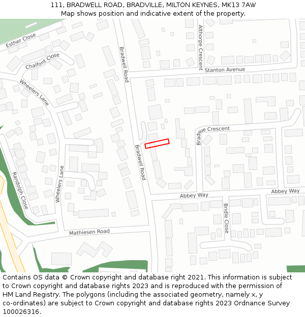 111, BRADWELL ROAD, BRADVILLE, MILTON KEYNES, MK13 7AW: Location map and indicative extent of plot