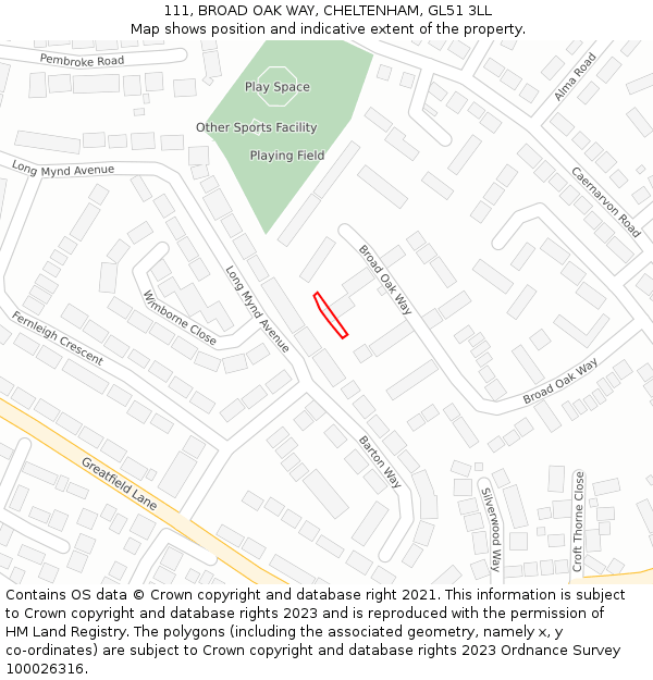 111, BROAD OAK WAY, CHELTENHAM, GL51 3LL: Location map and indicative extent of plot
