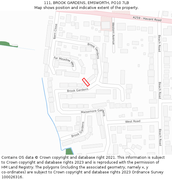 111, BROOK GARDENS, EMSWORTH, PO10 7LB: Location map and indicative extent of plot