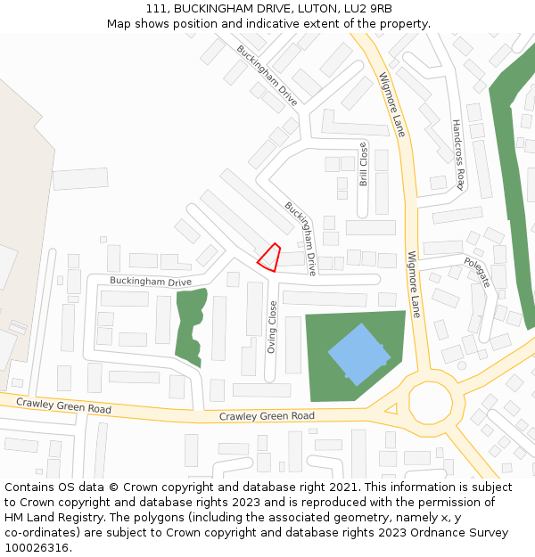111, BUCKINGHAM DRIVE, LUTON, LU2 9RB: Location map and indicative extent of plot
