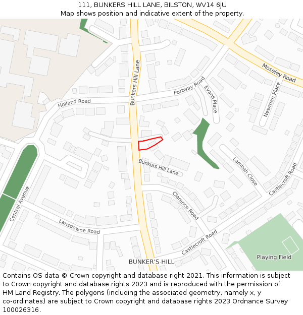 111, BUNKERS HILL LANE, BILSTON, WV14 6JU: Location map and indicative extent of plot