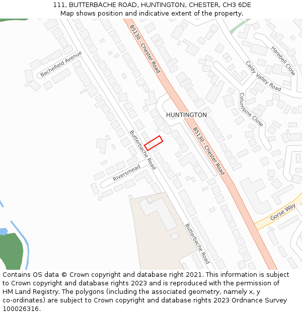 111, BUTTERBACHE ROAD, HUNTINGTON, CHESTER, CH3 6DE: Location map and indicative extent of plot