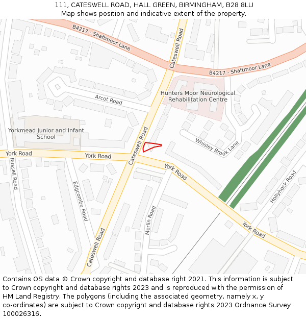 111, CATESWELL ROAD, HALL GREEN, BIRMINGHAM, B28 8LU: Location map and indicative extent of plot