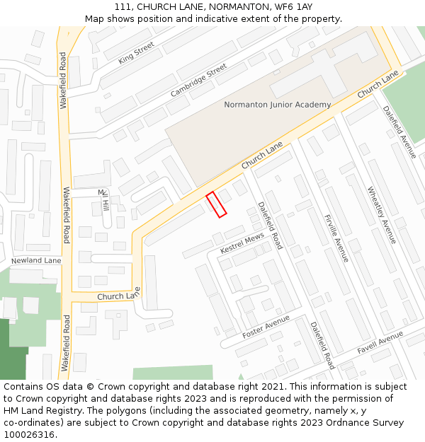 111, CHURCH LANE, NORMANTON, WF6 1AY: Location map and indicative extent of plot
