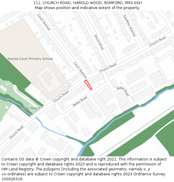 111, CHURCH ROAD, HAROLD WOOD, ROMFORD, RM3 0SH: Location map and indicative extent of plot