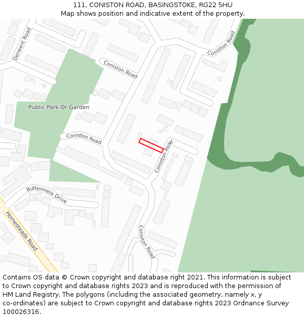 111, CONISTON ROAD, BASINGSTOKE, RG22 5HU: Location map and indicative extent of plot