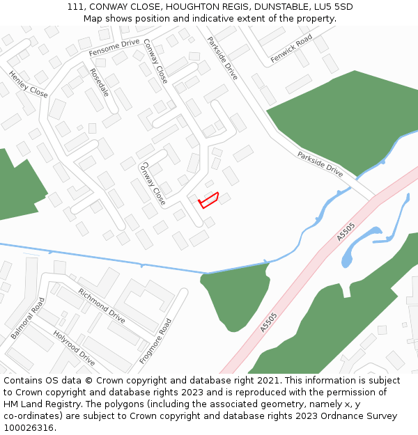 111, CONWAY CLOSE, HOUGHTON REGIS, DUNSTABLE, LU5 5SD: Location map and indicative extent of plot