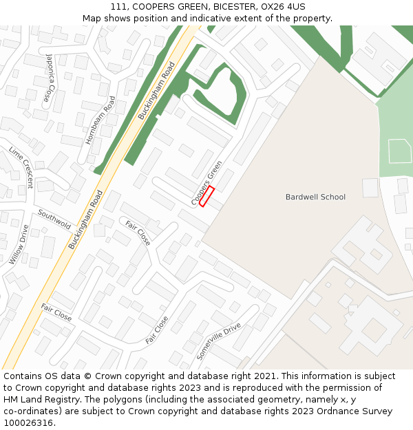 111, COOPERS GREEN, BICESTER, OX26 4US: Location map and indicative extent of plot