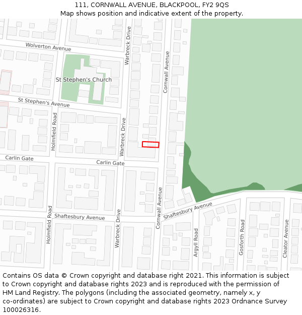 111, CORNWALL AVENUE, BLACKPOOL, FY2 9QS: Location map and indicative extent of plot