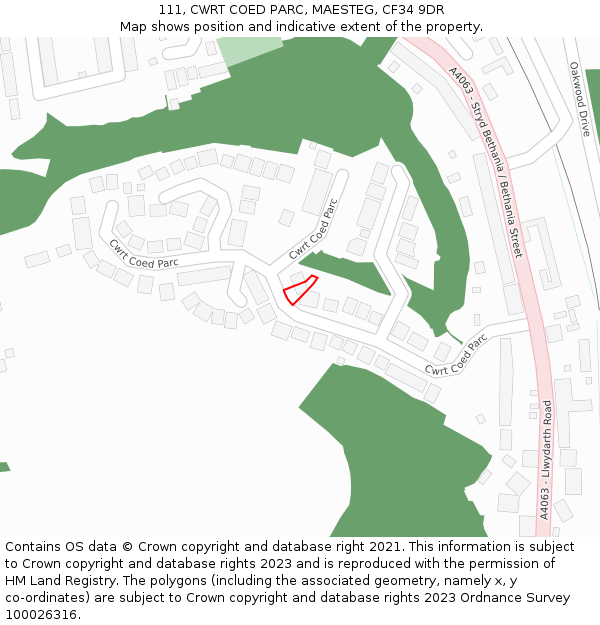 111, CWRT COED PARC, MAESTEG, CF34 9DR: Location map and indicative extent of plot