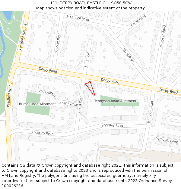 111, DERBY ROAD, EASTLEIGH, SO50 5GW: Location map and indicative extent of plot