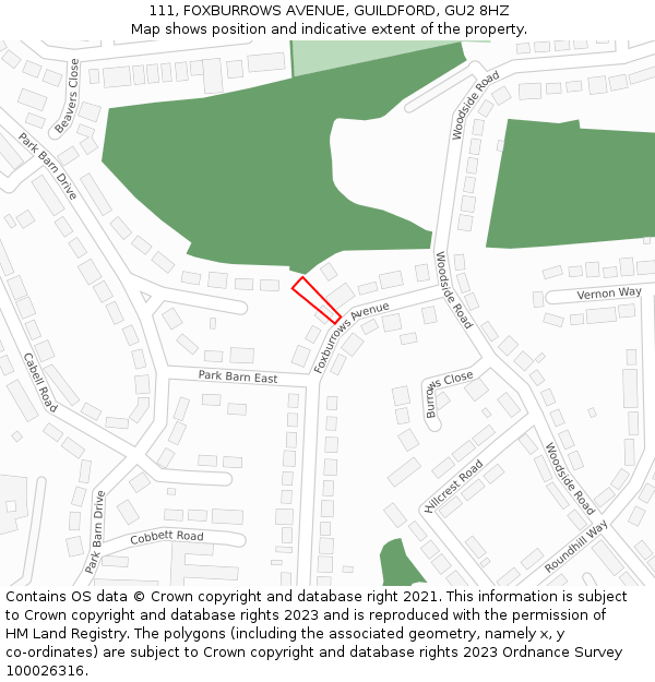 111, FOXBURROWS AVENUE, GUILDFORD, GU2 8HZ: Location map and indicative extent of plot