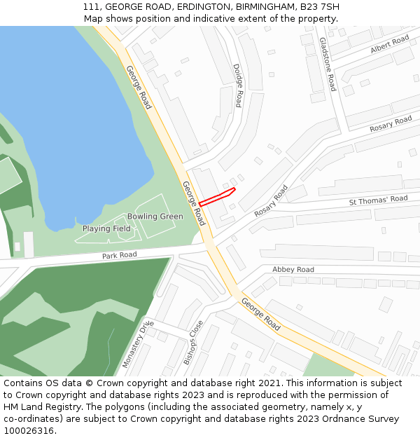 111, GEORGE ROAD, ERDINGTON, BIRMINGHAM, B23 7SH: Location map and indicative extent of plot