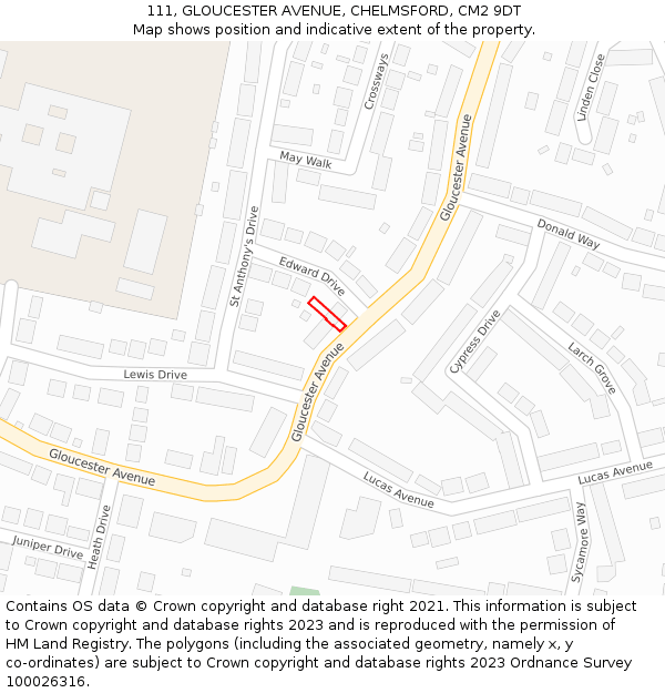 111, GLOUCESTER AVENUE, CHELMSFORD, CM2 9DT: Location map and indicative extent of plot