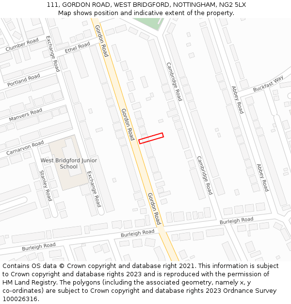 111, GORDON ROAD, WEST BRIDGFORD, NOTTINGHAM, NG2 5LX: Location map and indicative extent of plot