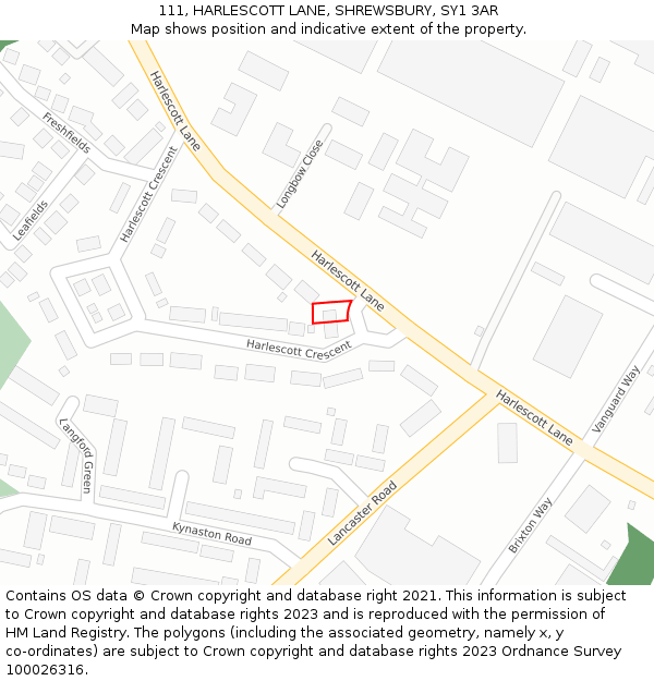 111, HARLESCOTT LANE, SHREWSBURY, SY1 3AR: Location map and indicative extent of plot