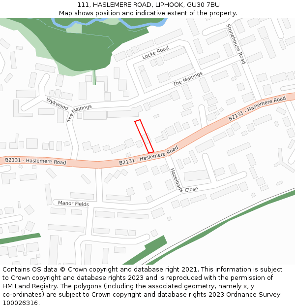 111, HASLEMERE ROAD, LIPHOOK, GU30 7BU: Location map and indicative extent of plot