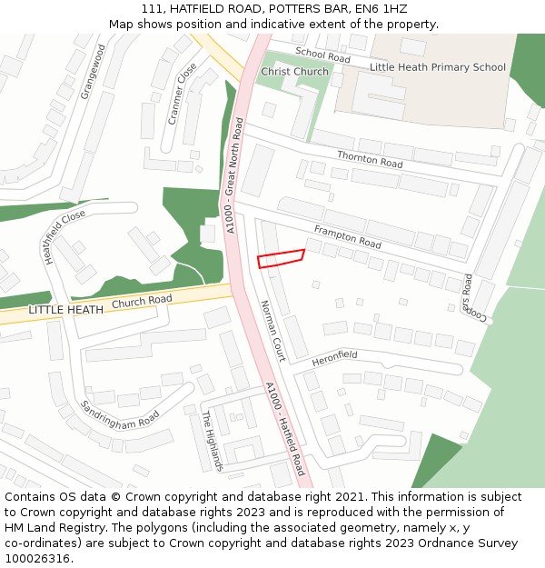 111, HATFIELD ROAD, POTTERS BAR, EN6 1HZ: Location map and indicative extent of plot