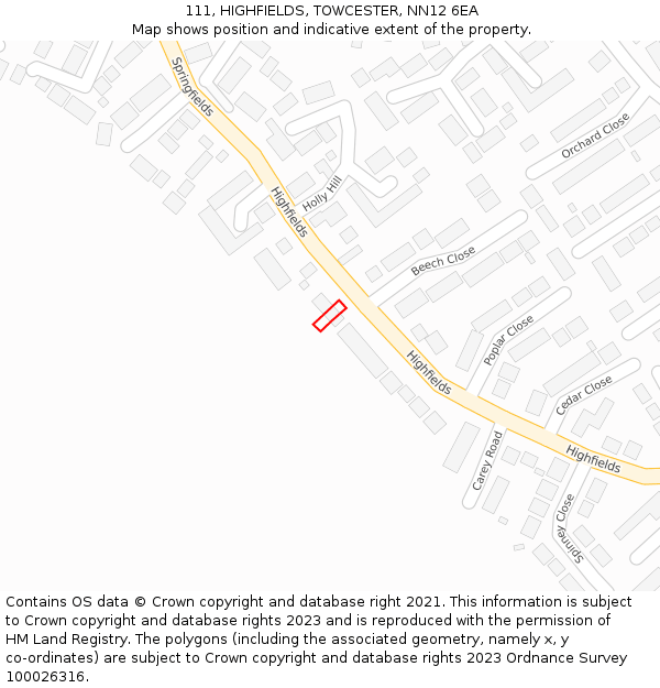 111, HIGHFIELDS, TOWCESTER, NN12 6EA: Location map and indicative extent of plot