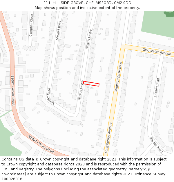 111, HILLSIDE GROVE, CHELMSFORD, CM2 9DD: Location map and indicative extent of plot