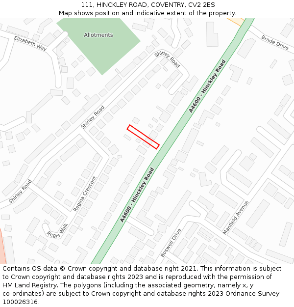 111, HINCKLEY ROAD, COVENTRY, CV2 2ES: Location map and indicative extent of plot
