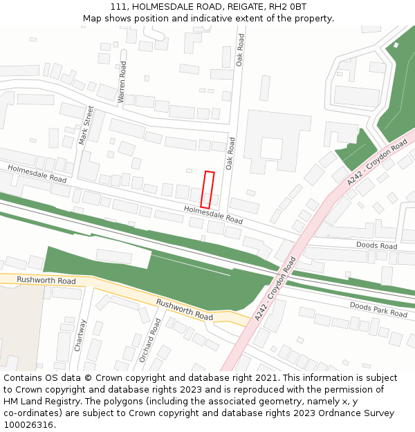 111, HOLMESDALE ROAD, REIGATE, RH2 0BT: Location map and indicative extent of plot