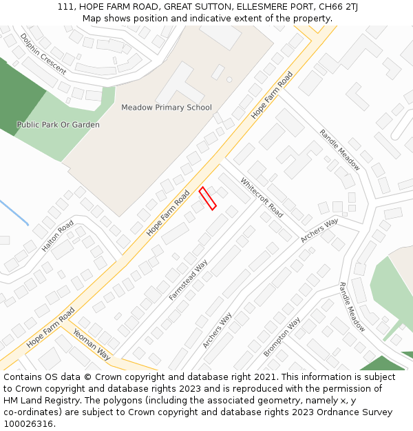 111, HOPE FARM ROAD, GREAT SUTTON, ELLESMERE PORT, CH66 2TJ: Location map and indicative extent of plot