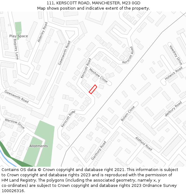 111, KERSCOTT ROAD, MANCHESTER, M23 0GD: Location map and indicative extent of plot