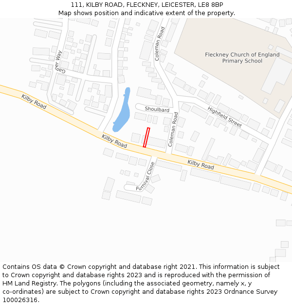 111, KILBY ROAD, FLECKNEY, LEICESTER, LE8 8BP: Location map and indicative extent of plot