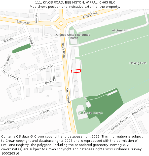 111, KINGS ROAD, BEBINGTON, WIRRAL, CH63 8LX: Location map and indicative extent of plot