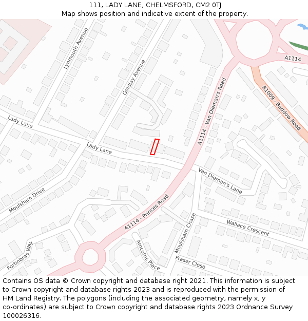 111, LADY LANE, CHELMSFORD, CM2 0TJ: Location map and indicative extent of plot