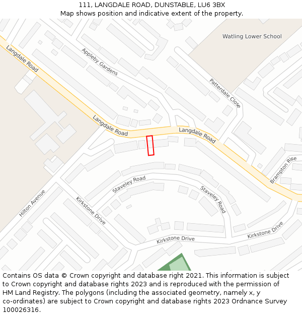 111, LANGDALE ROAD, DUNSTABLE, LU6 3BX: Location map and indicative extent of plot