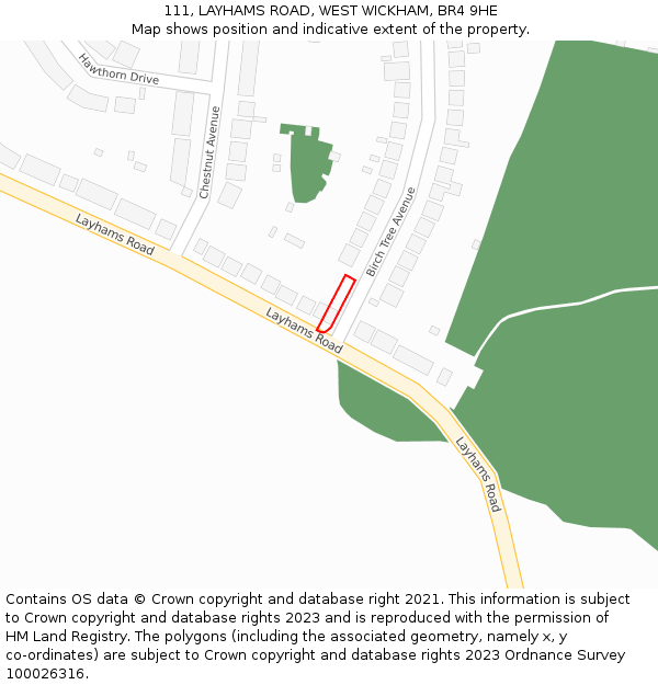 111, LAYHAMS ROAD, WEST WICKHAM, BR4 9HE: Location map and indicative extent of plot