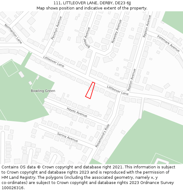 111, LITTLEOVER LANE, DERBY, DE23 6JJ: Location map and indicative extent of plot