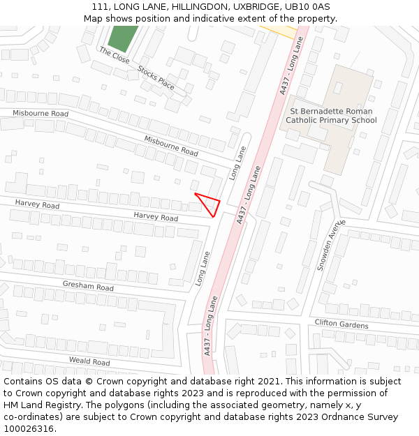 111, LONG LANE, HILLINGDON, UXBRIDGE, UB10 0AS: Location map and indicative extent of plot