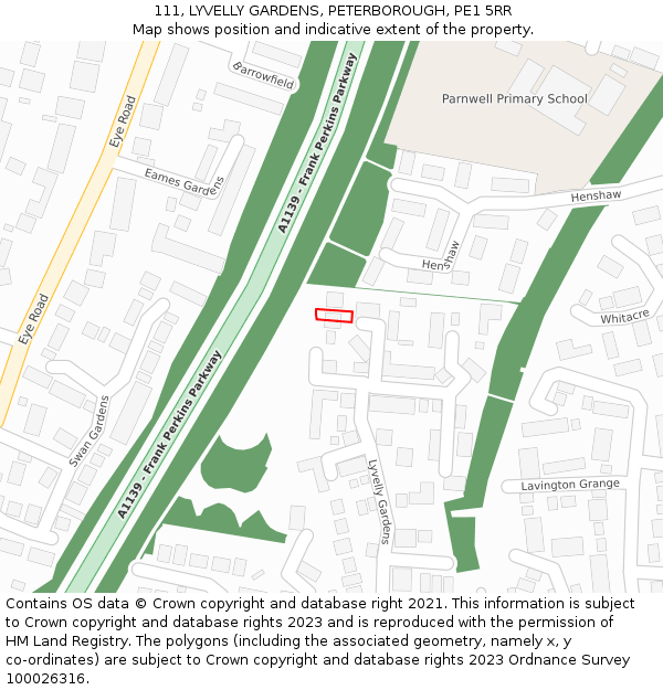 111, LYVELLY GARDENS, PETERBOROUGH, PE1 5RR: Location map and indicative extent of plot