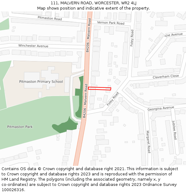 111, MALVERN ROAD, WORCESTER, WR2 4LJ: Location map and indicative extent of plot