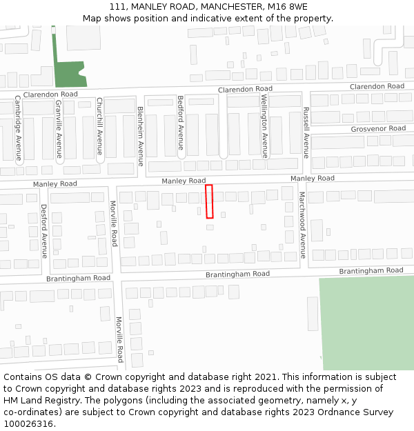 111, MANLEY ROAD, MANCHESTER, M16 8WE: Location map and indicative extent of plot