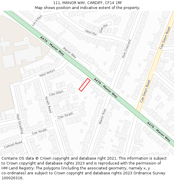111, MANOR WAY, CARDIFF, CF14 1RF: Location map and indicative extent of plot