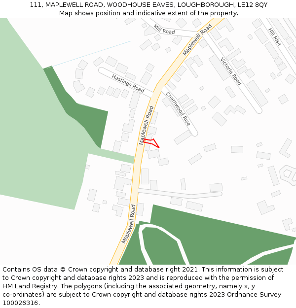 111, MAPLEWELL ROAD, WOODHOUSE EAVES, LOUGHBOROUGH, LE12 8QY: Location map and indicative extent of plot