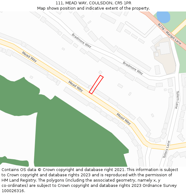 111, MEAD WAY, COULSDON, CR5 1PR: Location map and indicative extent of plot