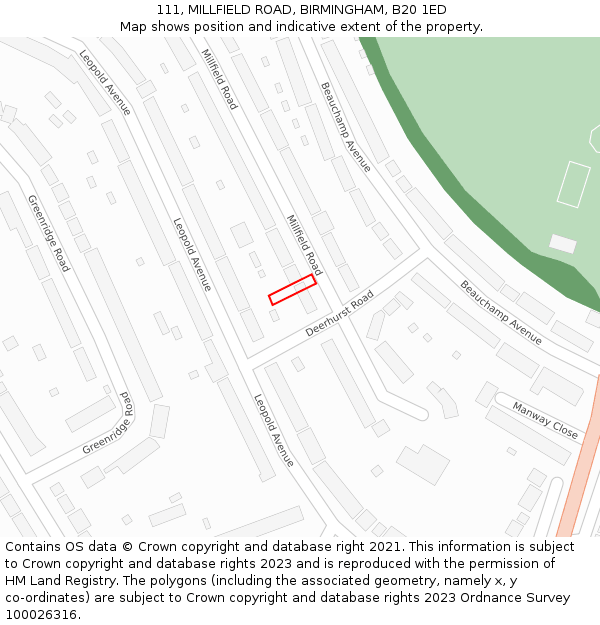 111, MILLFIELD ROAD, BIRMINGHAM, B20 1ED: Location map and indicative extent of plot