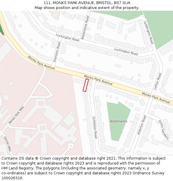 111, MONKS PARK AVENUE, BRISTOL, BS7 0UA: Location map and indicative extent of plot